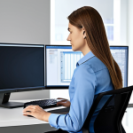 허리 통증 예방 생활 습관 - Ergonomic Office Setup**

"A woman working at a modern, ergonomic office desk, fully clothed in busi...