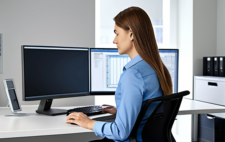 허리 통증 예방 생활 습관 - Ergonomic Office Setup**
"A woman working at a modern, ergonomic office desk, fully clothed in busi...